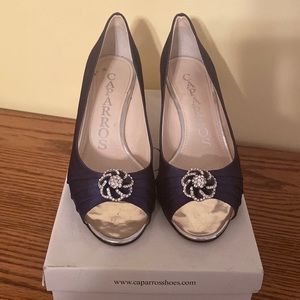 Navy satin peep toe heels